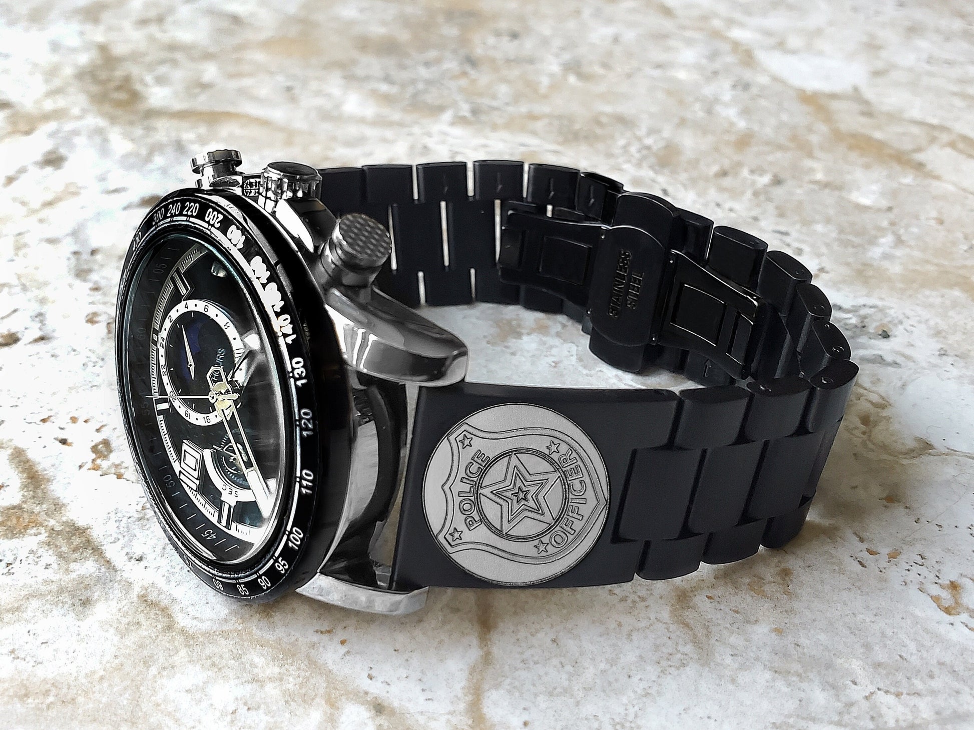 Police Badge Engraved Watch Band for 22mm Width Lugs Traditional Casual Luxury and Smartwatches Black Stainless Steel Strap Bracelet PB4