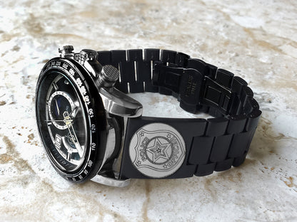 Police Badge Engraved Watch Band for 22mm Width Lugs Traditional Casual Luxury and Smartwatches Black Stainless Steel Strap Bracelet PB4