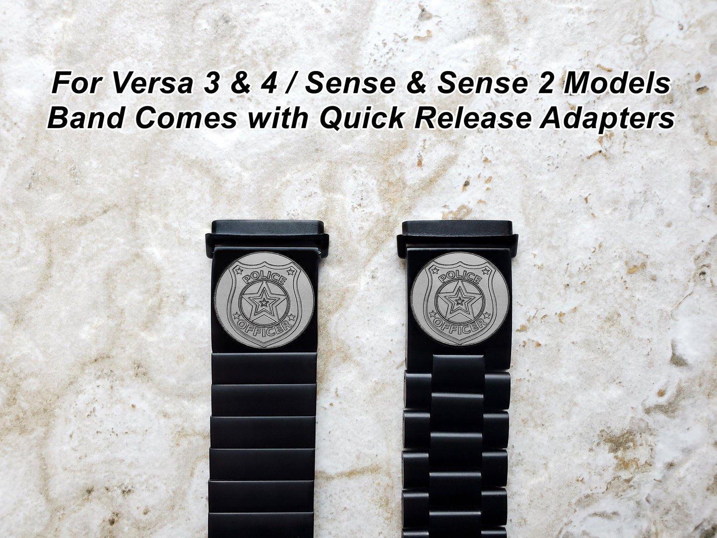 Police Badge Engraved Watch Band Compatible with Fitbit Versa Lite 2 3 4 and Sense 1 2 Smartwatches Black Stainless Steel Bracelet Strap PB4