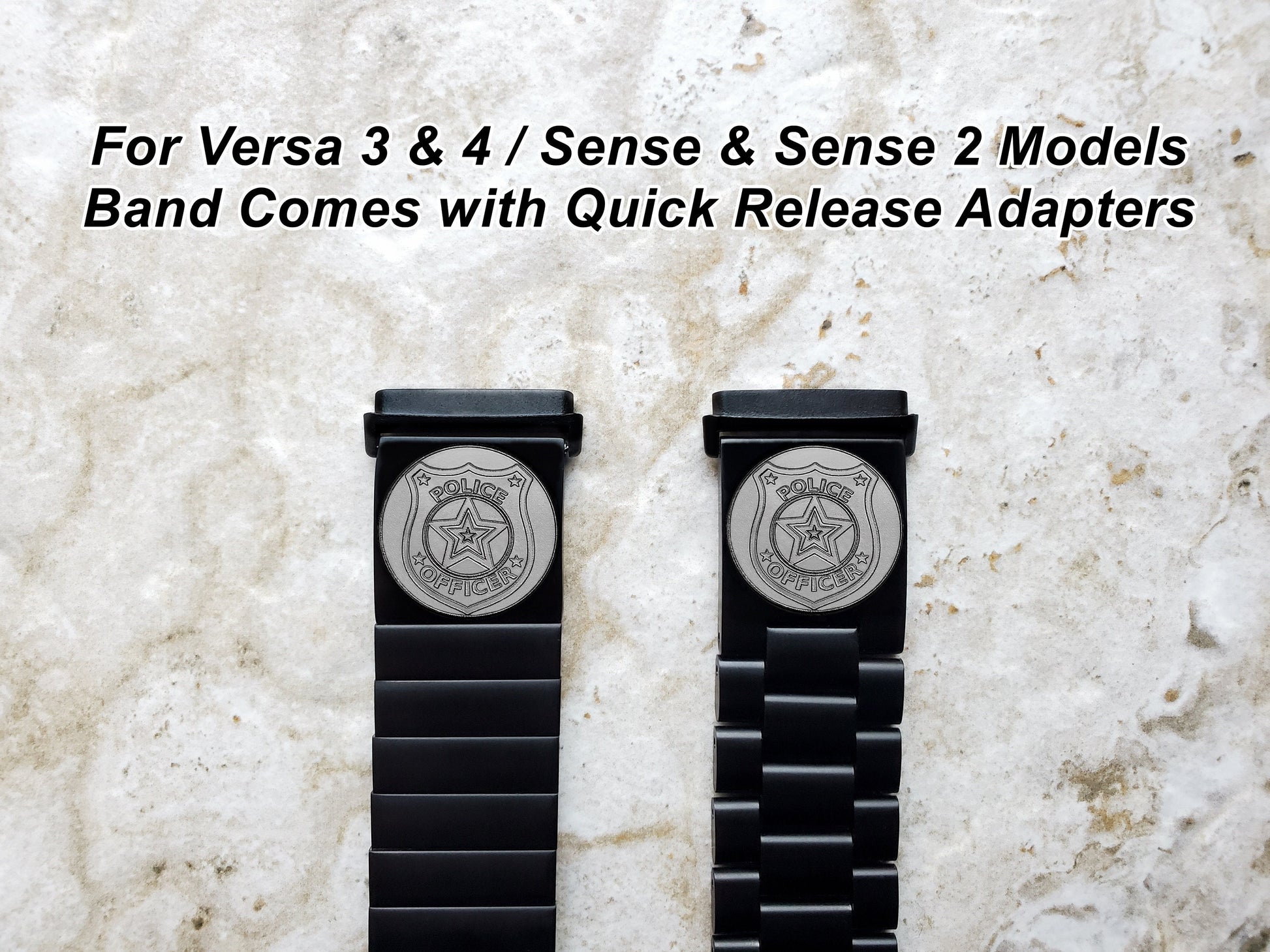 Police Badge Engraved Watch Band Compatible with Fitbit Versa Lite 2 3 4 and Sense 1 2 Smartwatches Black Stainless Steel Bracelet Strap PB4