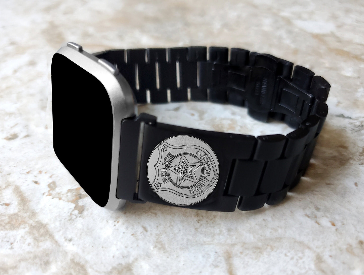 Police Badge Engraved Watch Band Compatible with Fitbit Versa Lite 2 3 4 and Sense 1 2 Smartwatches Black Stainless Steel Bracelet Strap PB4