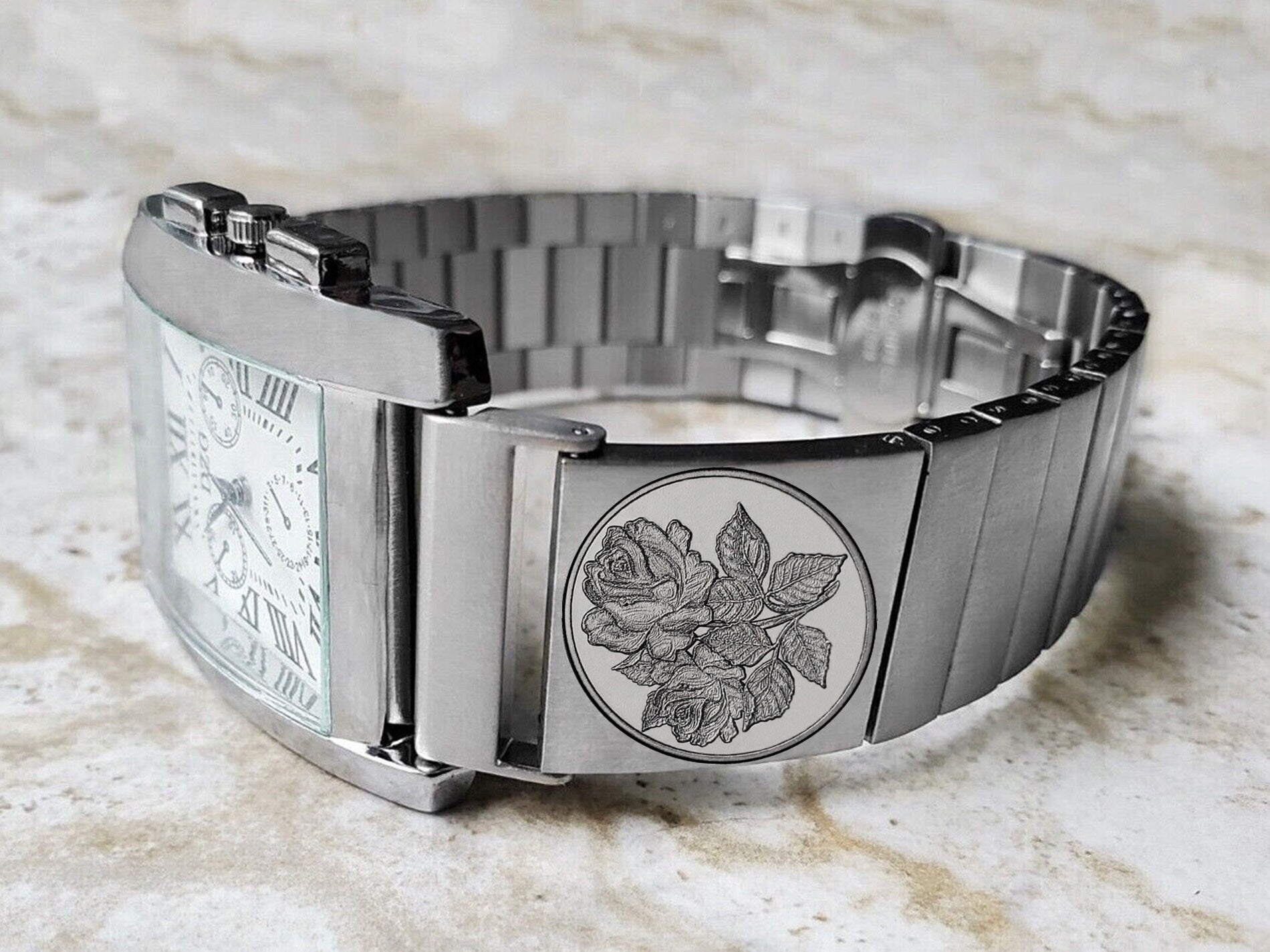 Rose Floral Engraved Band for 22mm 24mm 25mm Lugs Traditional Casual Luxury and Smartwatches Silver Color Stainless Steel Bracelet Strap RS1