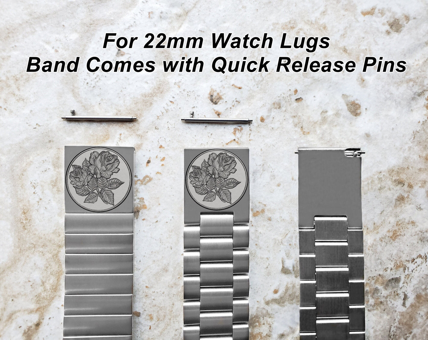 Rose Floral Engraved Band for 22mm 24mm 25mm Lugs Traditional Casual Luxury and Smartwatches Silver Color Stainless Steel Bracelet Strap RS1