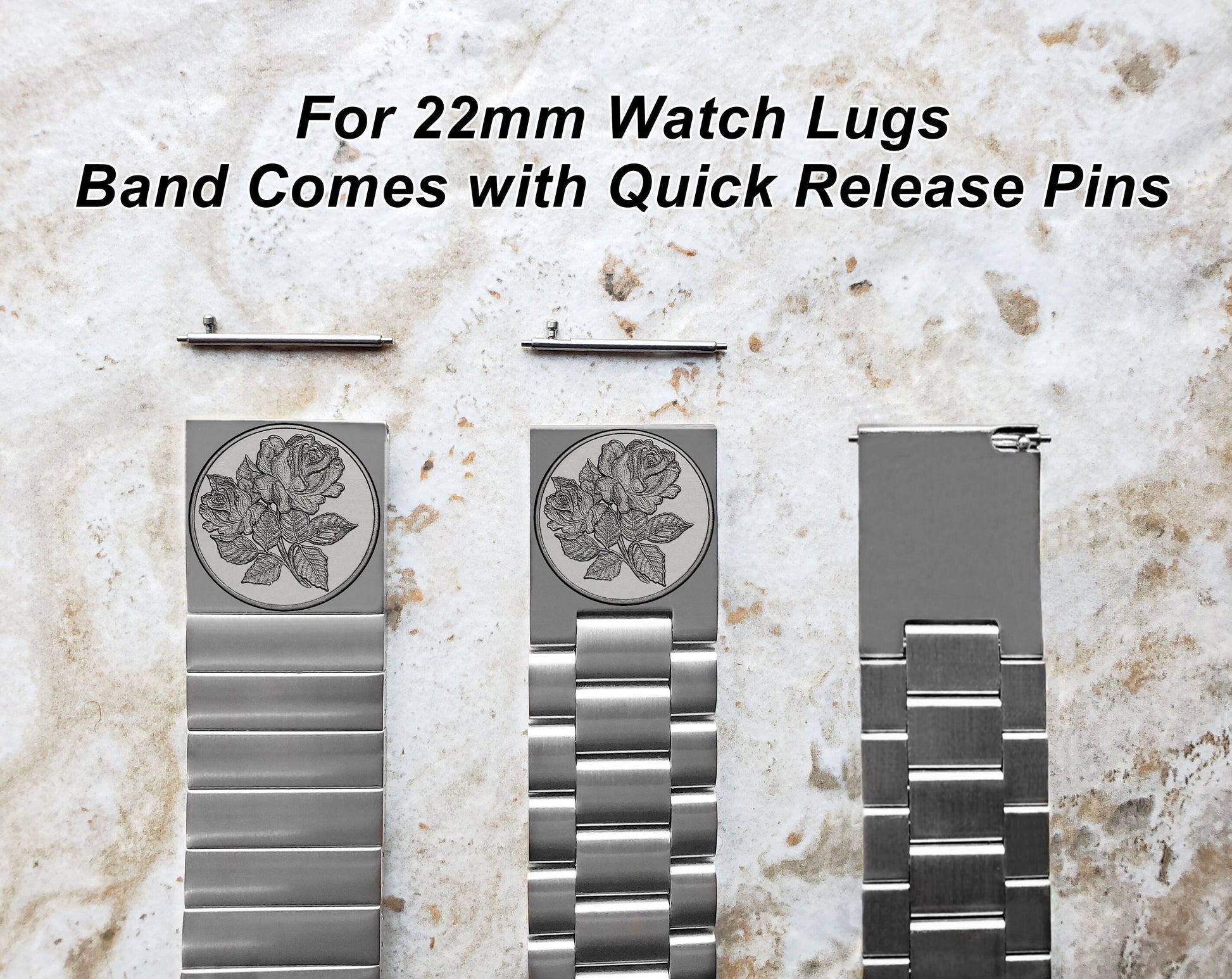 Rose Floral Engraved Band for 22mm 24mm 25mm Lugs Traditional Casual Luxury and Smartwatches Silver Color Stainless Steel Bracelet Strap RS1