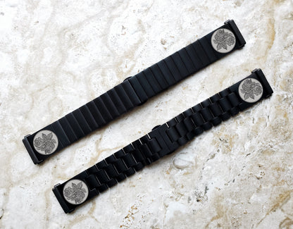 Rose Floral Engraved Watch Band Compatible with Fitbit Versa Lite 2 3 4 and Sense 1 2 Smartwatches Black Stainless Steel Bracelet Strap RS1