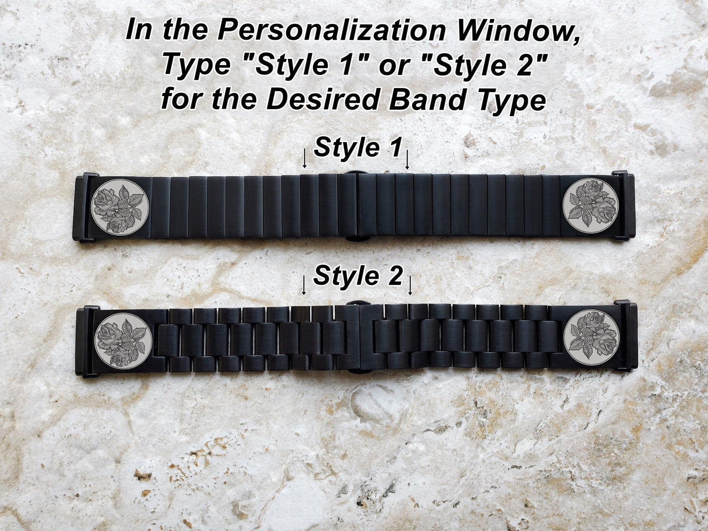 Rose Floral Engraved Watch Band Compatible with Fitbit Versa Lite 2 3 4 and Sense 1 2 Smartwatches Black Stainless Steel Bracelet Strap RS1