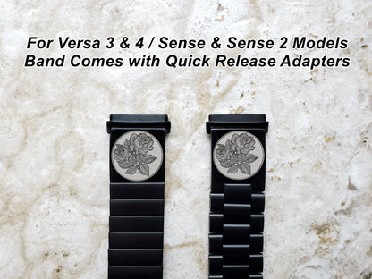 Rose Floral Engraved Watch Band Compatible with Fitbit Versa Lite 2 3 4 and Sense 1 2 Smartwatches Black Stainless Steel Bracelet Strap RS1