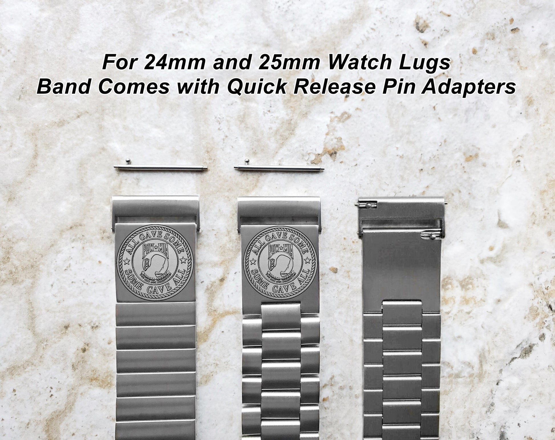 POW MIA Engraved Band for 22mm 24mm 25mm Lugs Traditional Casual Luxury and Smartwatches Silver Color Stainless Steel Bracelet Strap PM1