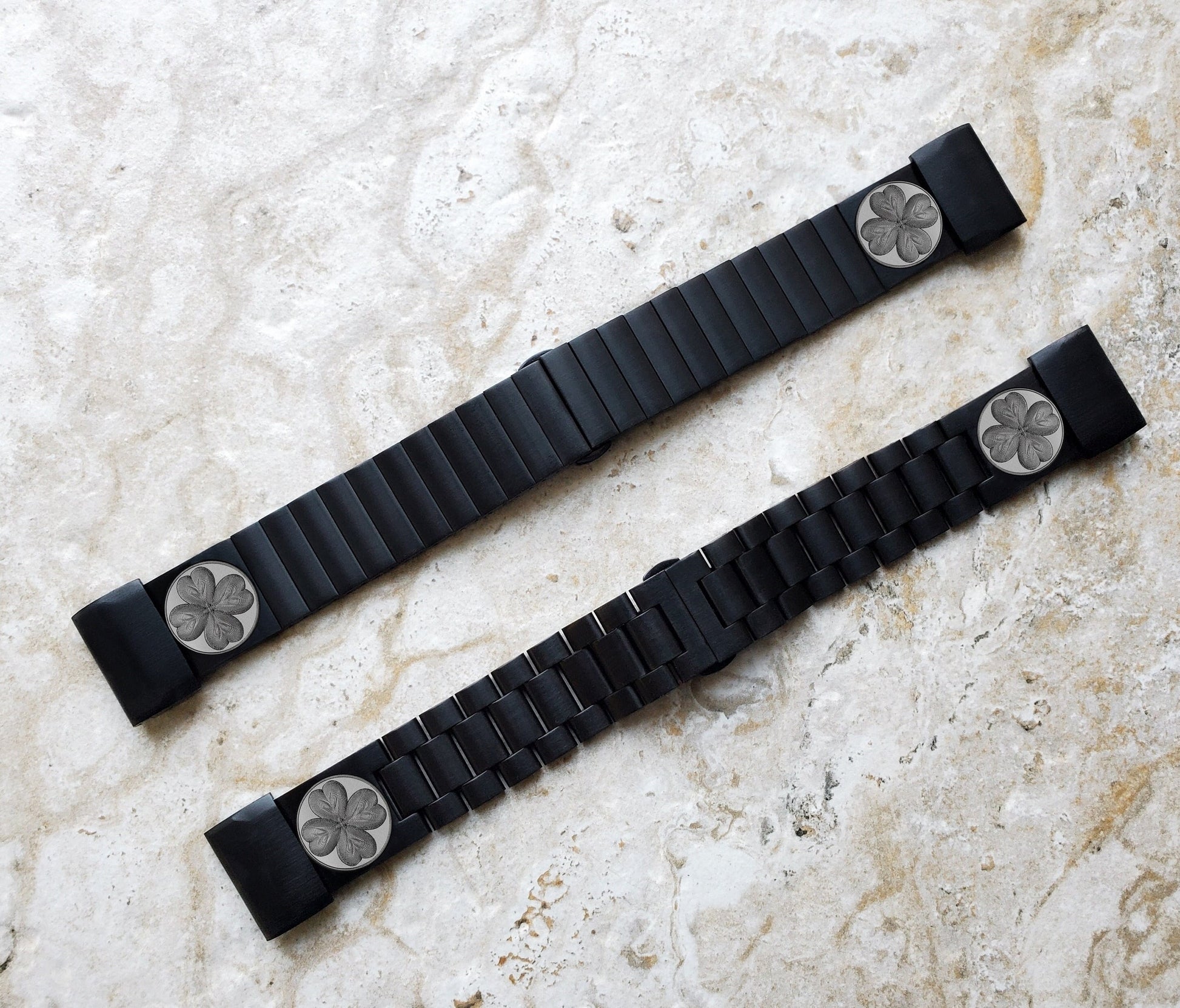 Four Leaf Clover Engraved Band for Garmin Fenix 7X Pro 6X Pro 5X Fenix 3 Descent Mk3i 51mm Mk2i Mk2 Mk1 Enduro 2 Black St Steel SR1 A26