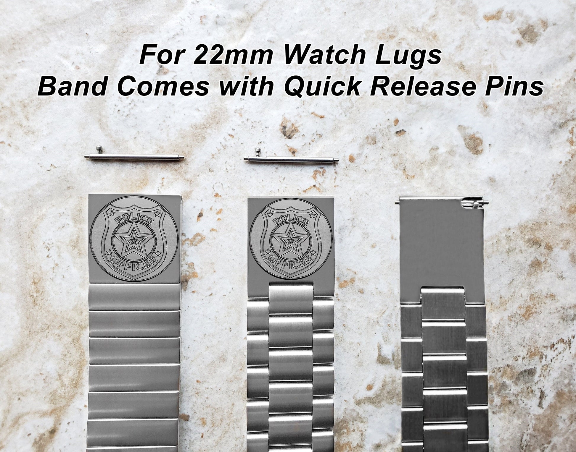 Police Badge Engraved Band for 22mm 24mm 25mm Lugs Traditional Casual Luxury and Smartwatches Silver Stainless Steel Bracelet Strap PB4