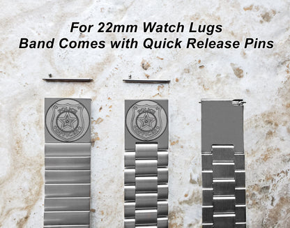 Police Badge Engraved Band for 22mm 24mm 25mm Lugs Traditional Casual Luxury and Smartwatches Silver Stainless Steel Bracelet Strap PB4