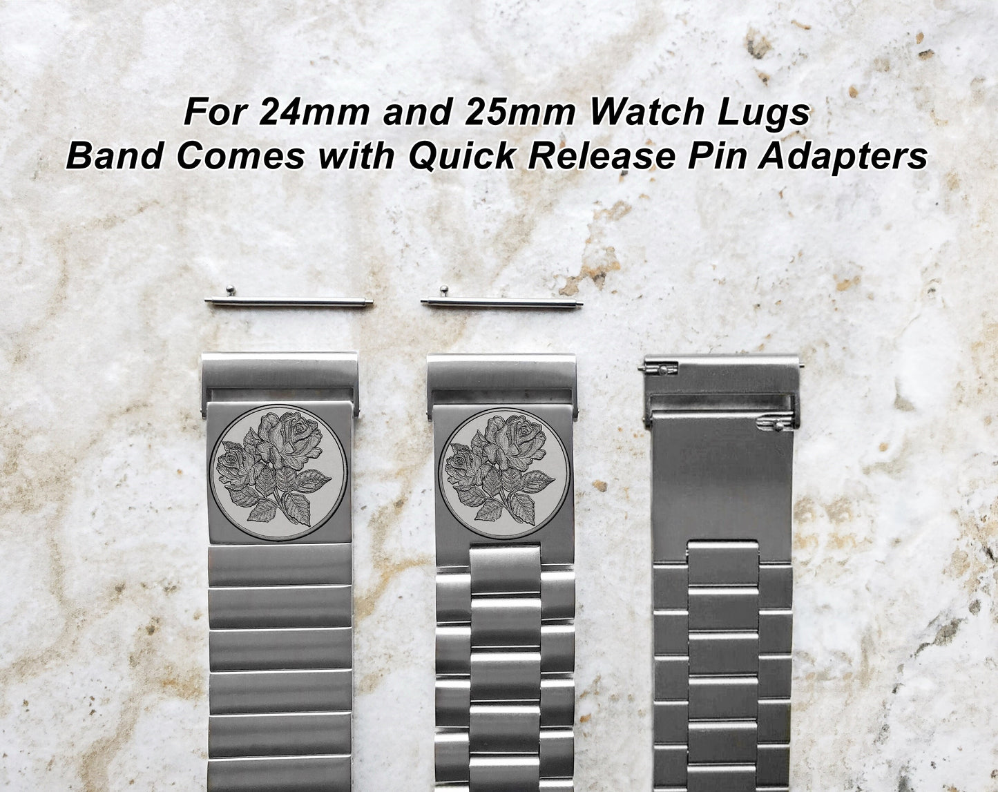 Rose Floral Engraved Band for 22mm 24mm 25mm Lugs Traditional Casual Luxury and Smartwatches Silver Color Stainless Steel Bracelet Strap RS1