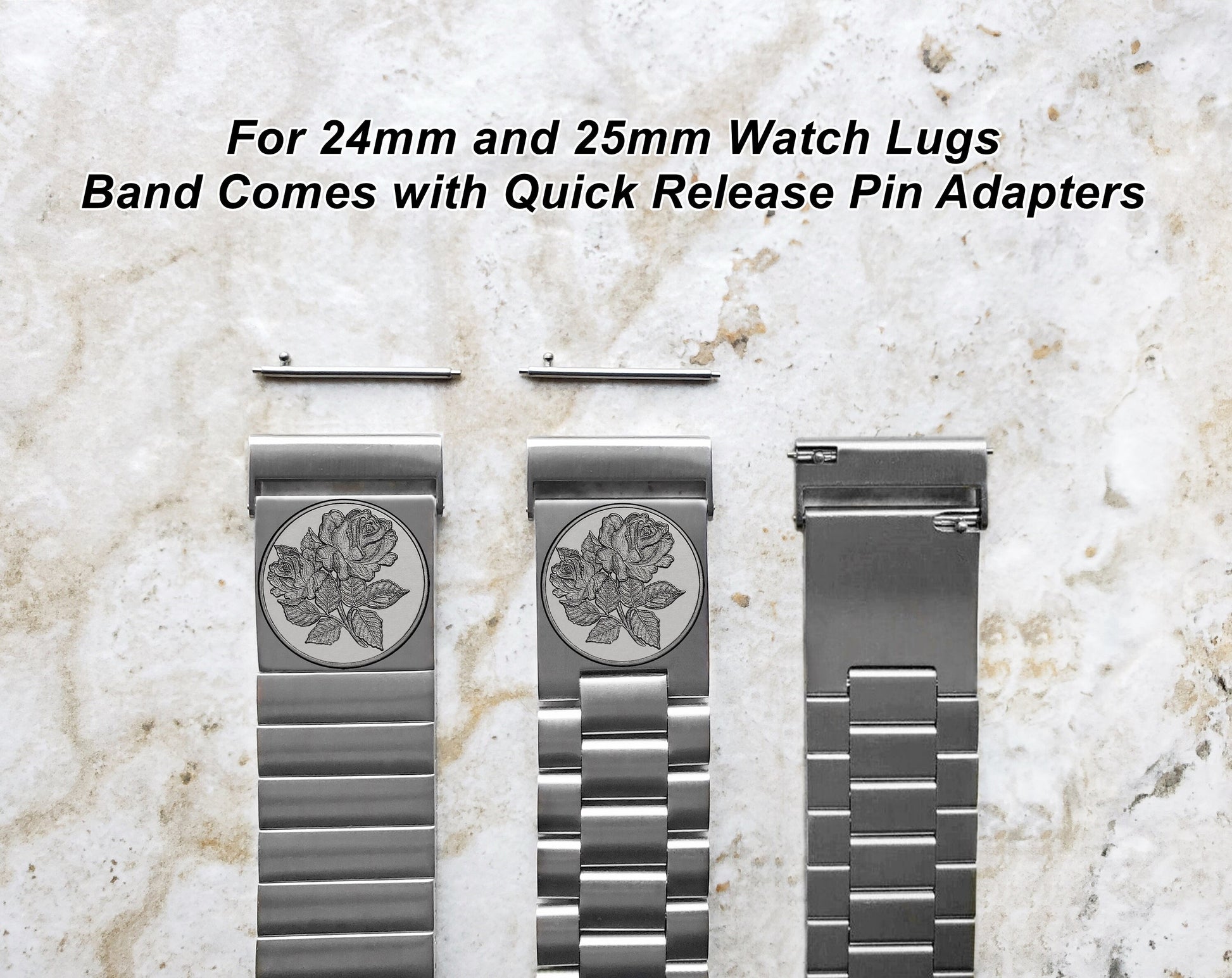 Rose Floral Engraved Band for 22mm 24mm 25mm Lugs Traditional Casual Luxury and Smartwatches Silver Color Stainless Steel Bracelet Strap RS1
