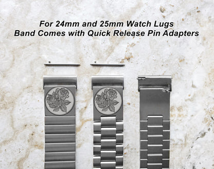 Rose Floral Engraved Band for 22mm 24mm 25mm Lugs Traditional Casual Luxury and Smartwatches Silver Color Stainless Steel Bracelet Strap RS1