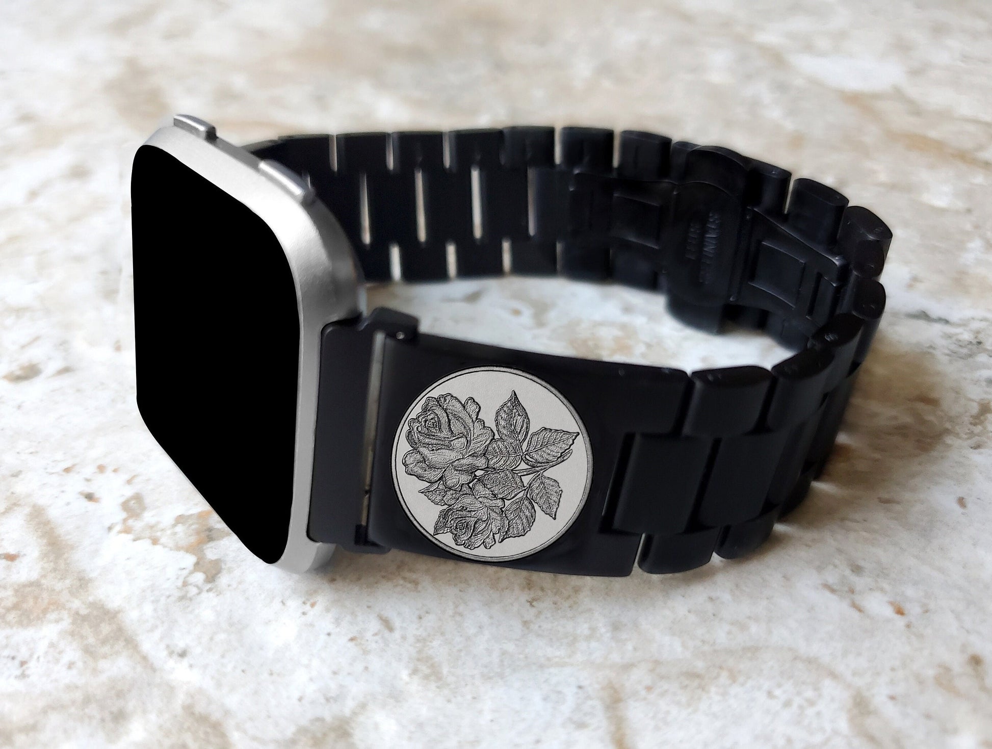 Rose Floral Engraved Watch Band Compatible with Fitbit Versa Lite 2 3 4 and Sense 1 2 Smartwatches Black Stainless Steel Bracelet Strap RS1