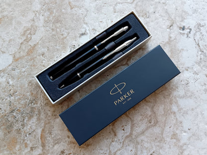 Custom Personalized Engraved Black with Chrome Trim Finish Luxury IM Ballpoint & IM Rollerball Parker Pens Box Great Gift for All Occasions