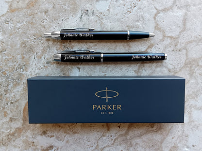 Custom Personalized Engraved Black with Chrome Trim Finish Luxury IM Ballpoint & IM Rollerball Parker Pens Box Great Gift for All Occasions