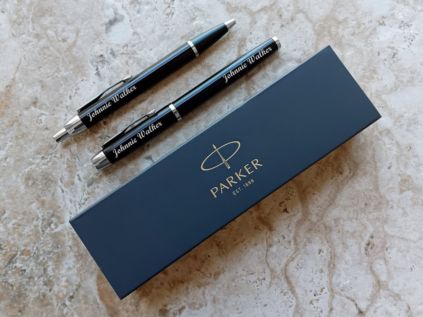 Custom Personalized Engraved Black with Chrome Trim Finish Luxury IM Ballpoint & IM Rollerball Parker Pens Box Great Gift for All Occasions
