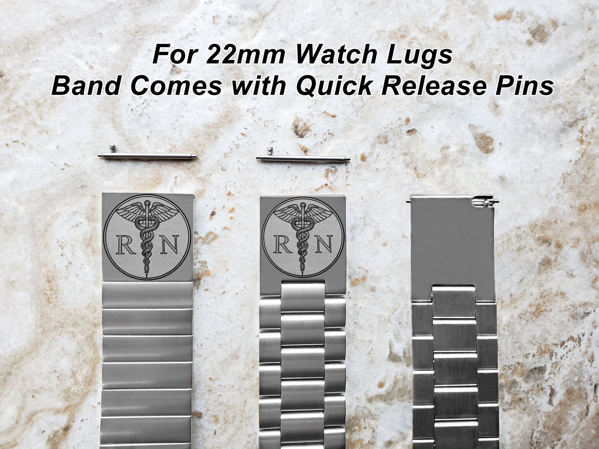 Registered Nurse Engraved Watch Band for 22mm 24mm 25mm Lugs Traditional Casual Luxury and Smartwatches Stainless Steel Strap Bracelet RN1