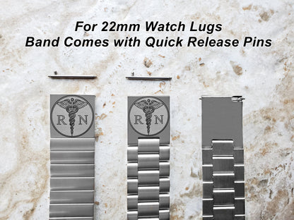 Registered Nurse Engraved Watch Band for 22mm 24mm 25mm Lugs Traditional Casual Luxury and Smartwatches Stainless Steel Strap Bracelet RN1