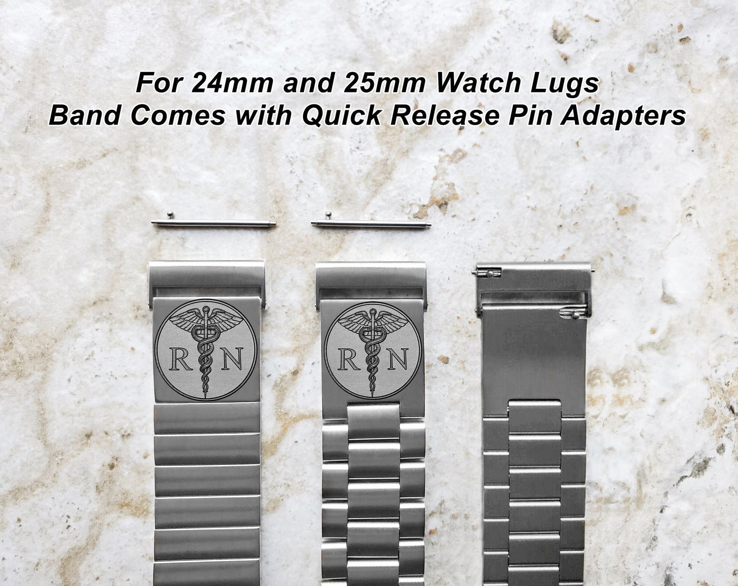 Registered Nurse Engraved Watch Band for 22mm 24mm 25mm Lugs Traditional Casual Luxury and Smartwatches Stainless Steel Strap Bracelet RN1