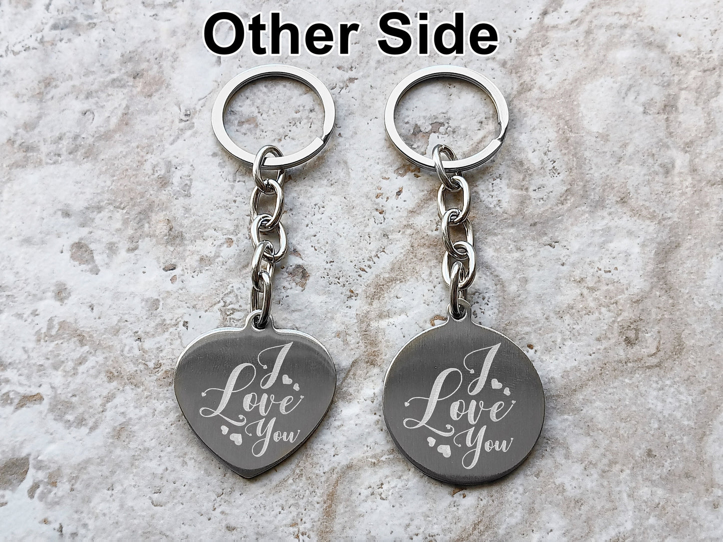 Keychain Keyring Custom Engraved Heart Circle Shape Stainless Steel Jewelry Vintage Antique Style Regal Split Monogram Text Great Gift Idea