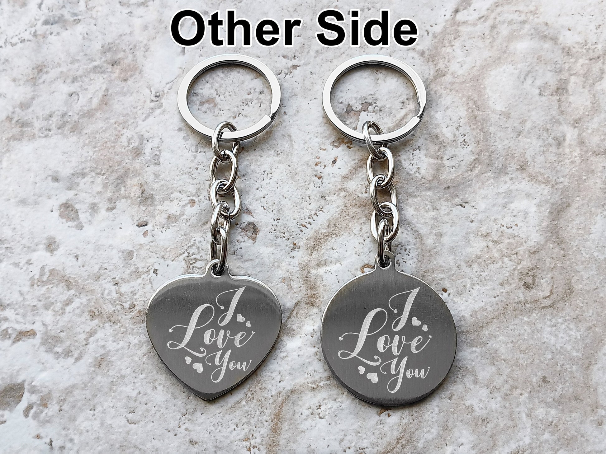 Keychain Keyring Custom Engraved Heart Circle Shape Stainless Steel Jewelry Vintage Antique Style Regal Split Monogram Text Great Gift Idea