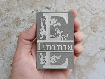 Custom Engraved Stainless Steel RFID Block Credit Debit Business Card Holder Wallet with Release Button Metal Case Regal Split Monogram Text
