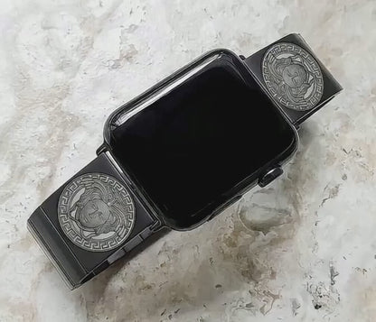 Medusa Head Engraved Watch Band Compatible with Apple iWatch Ultra 2 9 8 7 SE 6 5 4 3 2 1 Case 38mm 40mm 41mm 42mm 44mm 45mm 49mm Black Stainless Steel Strap N13