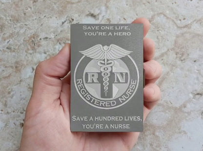Registered Nurse Custom Engraved St Steel RFID Block Credit Debit Card Holder Wallet Release Button Metal Case Regal Split Monogram Text