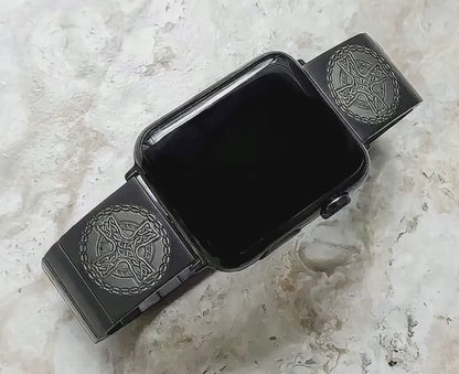 Celtic Cross Engraved Watch Band Compatible with Apple iWatch Ultra 2 9 8 7 SE 6 5 4 3 2 1 Case 38mm 40mm 41mm 42mm 44mm 45mm 49mm Black Stainless Steel CC2