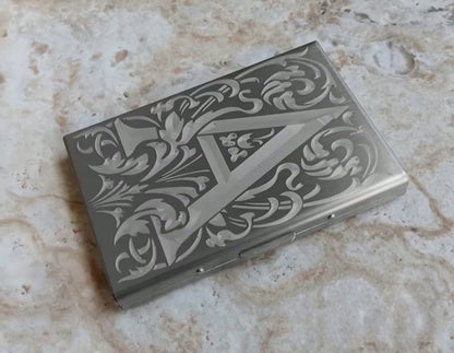 Custom Engraved Stainless Steel RFID Blocking Credit Debit Business Card Holder Wallet with Release Button Metal Case Floral Monogram Text